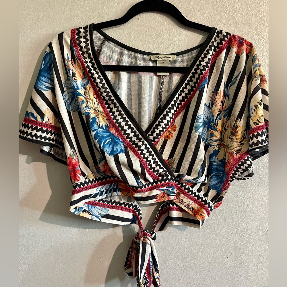 Flying tomato floral crop top, floral striped wrap top, floral blouse